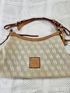Dooney & Bourke DB Monogram Canvas Hobo Shoulder Bag Tan & Brown